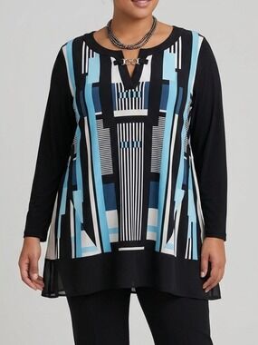 😍SHOW SPECIAL STYLE & CO Black Teal Cream White Geometric Long-Sleeve Tunic 2X